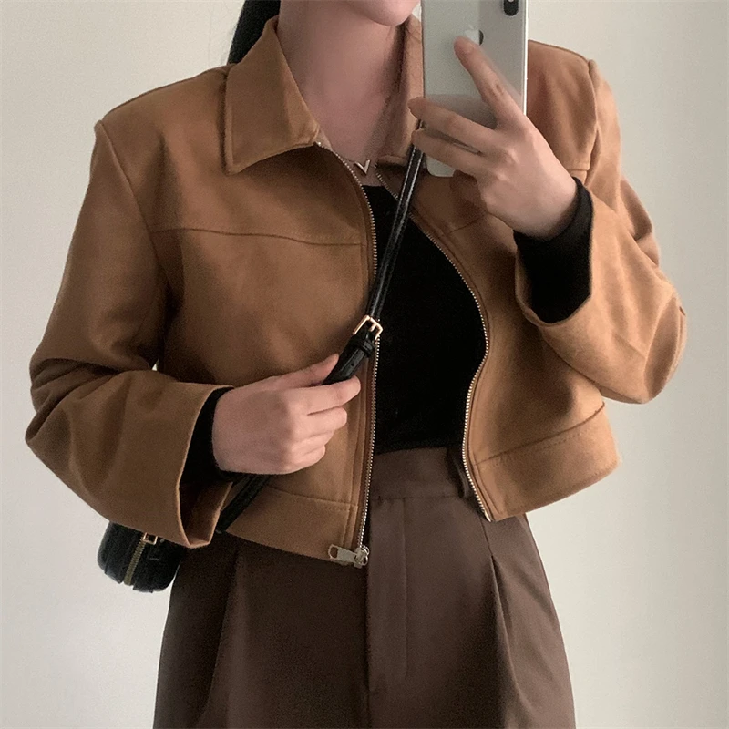 

Women's Polo Collar Zipper Simple Style Jacket Spring Autumn New Fashion Chic Vintage Street Fashion Female Short Thin Coat