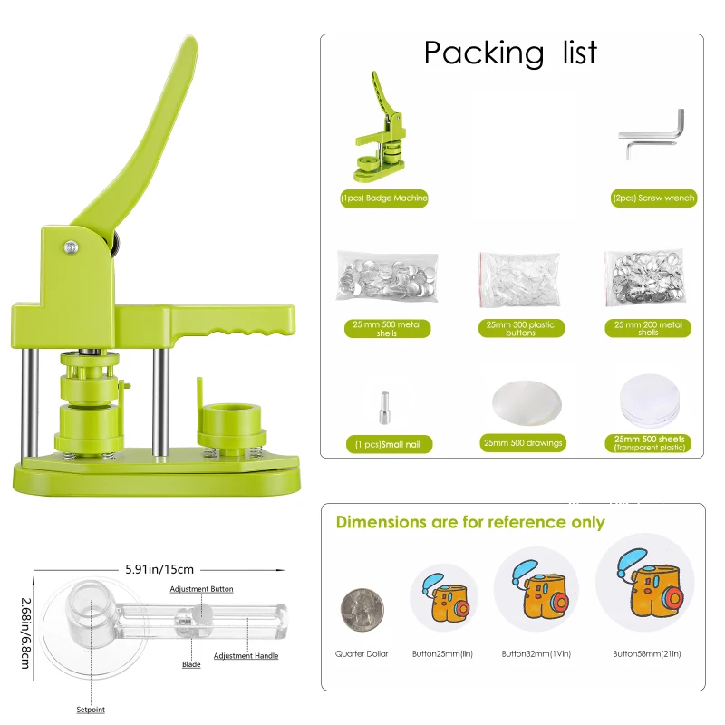 Installation-Free Button Maker Machine 25mm(1 In),Pin Badge Punch Press Machine Kit,With Free 500pcs Button Parts&Circle Cutter