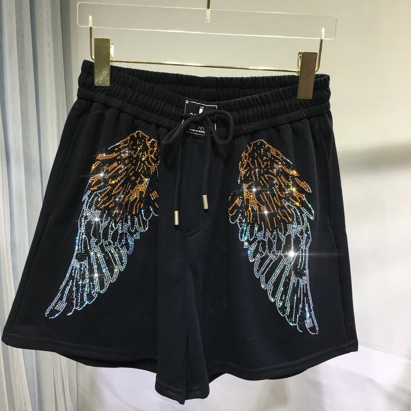 Luxury Hot Drilling Women Shorts Four Seasons Wear All-match Elastic Waist Wings Sweatpants All-match Wide Leg Short Pants