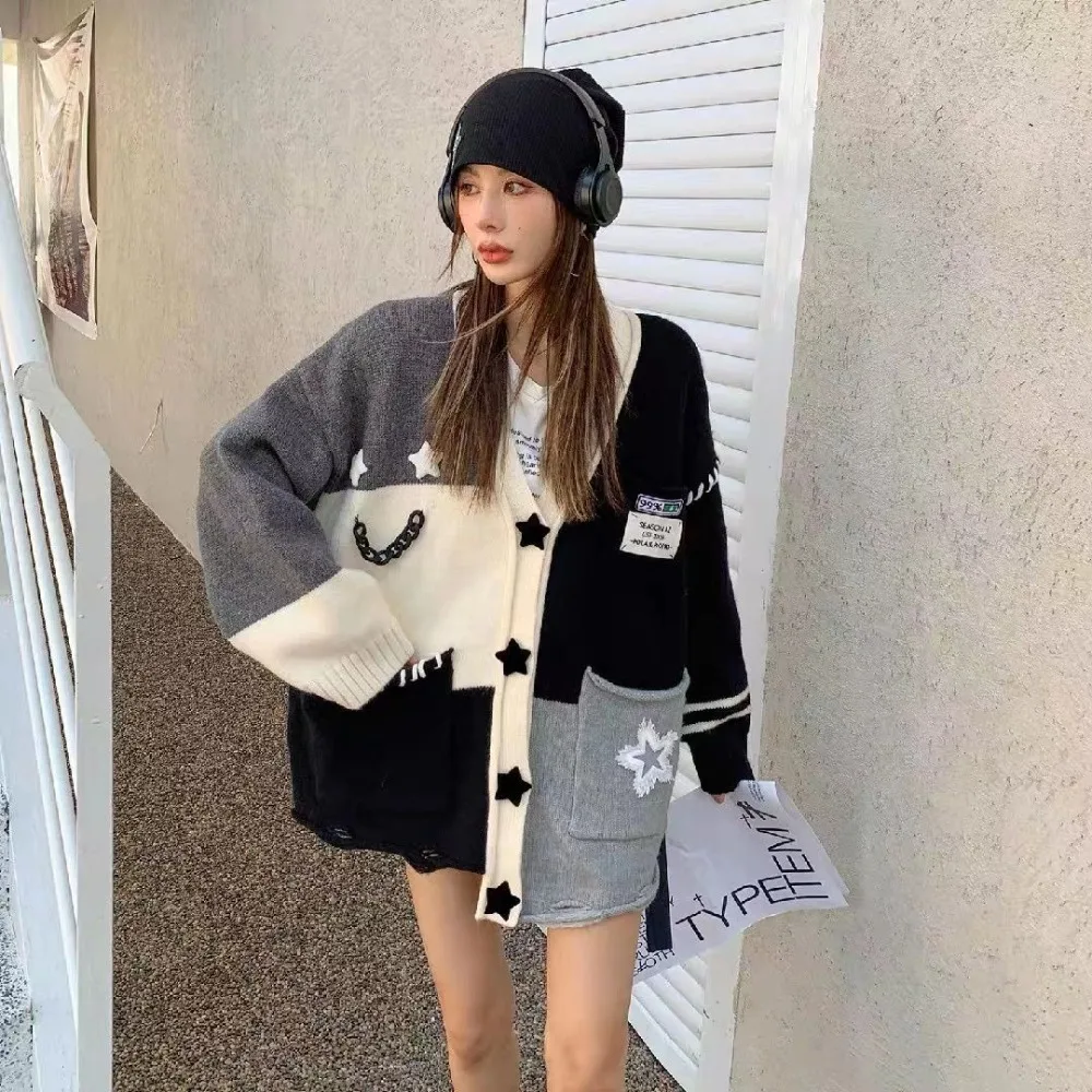 

Star splicing color contrast soft waxy knitted cardigan women long sleeve Harajuku Kawaii new lazy sweater coat 2023 spring