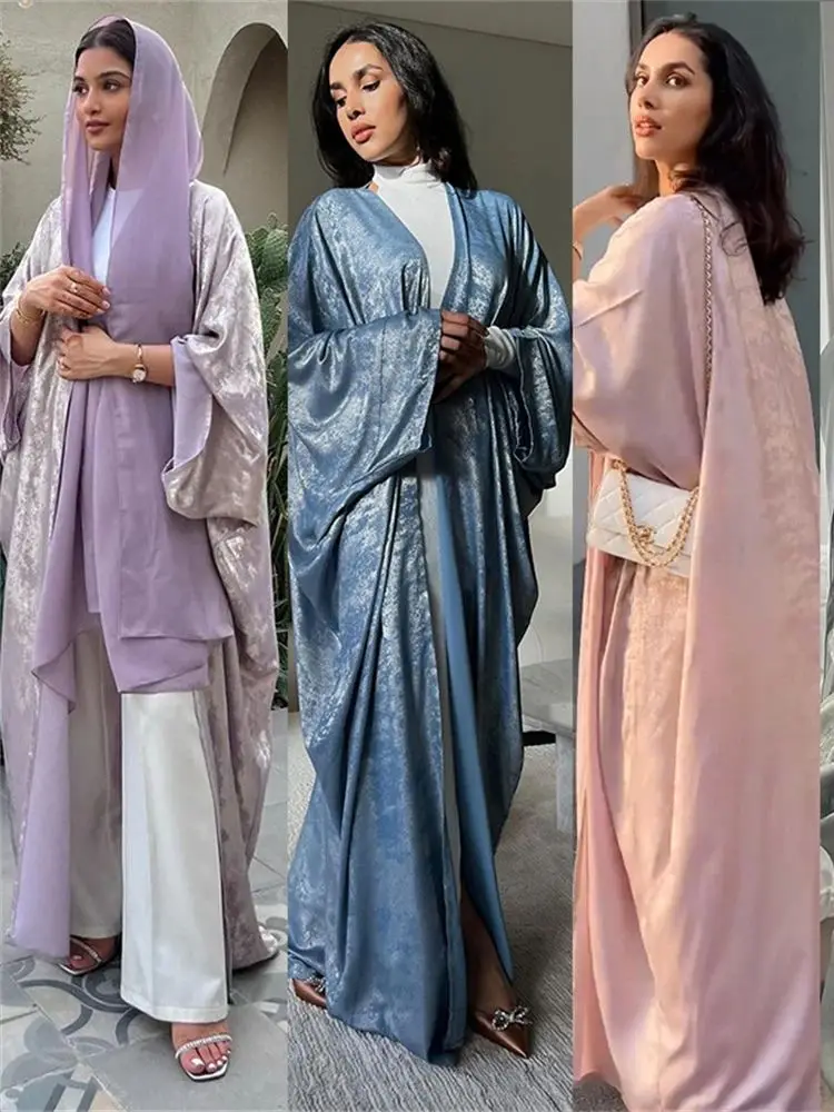 

Ramadan Eid Shiny Batwing Satin Open Kimono Abaya Dubai Luxury 2024 Muslim Damen Abayas For Women Kaftan Dress Islamic Clothing