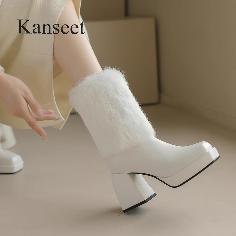 

Kanseet Mid-Calf Boots Women 2022 New Winter Shoes Square Toe Genuine Leather Warm Fur Boots Ladies High Heels Shoes Big Size 42