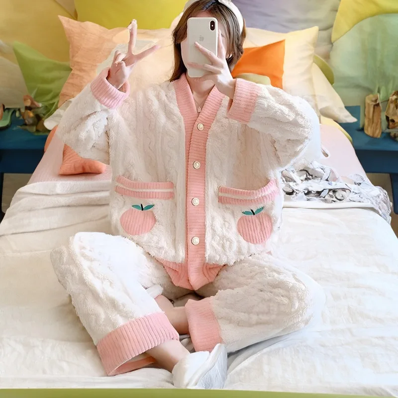 Winter Warm Pajamas Sets For Women Fleece Homewear Flannel Nightwear Female Sleepwear Set Long Sleeve Velvet V Neck Pijama Set
