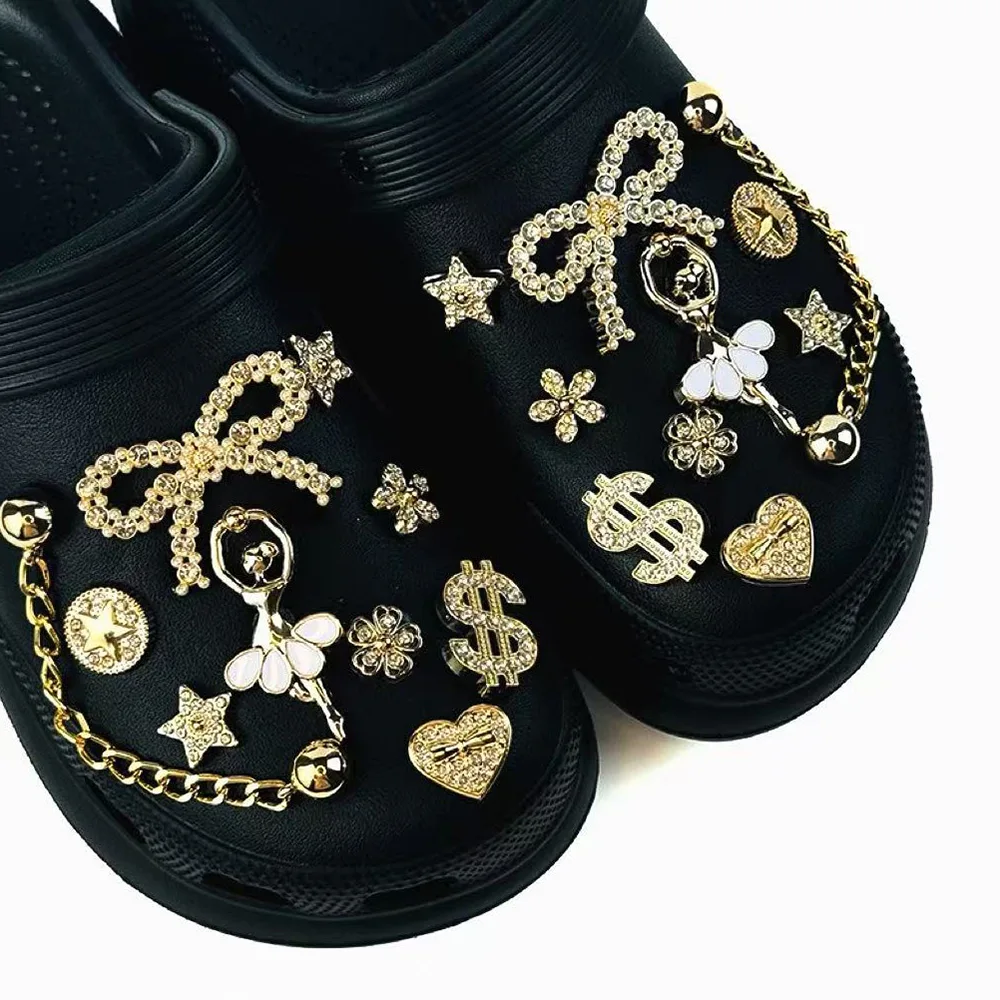 20PCS Schuh Charms Set Ballett Mädchen Gold Strass Herz-förmigen Bogen Schuh Dekoration Schnalle für Sandalen Clogs DIY zubehör Geschenk – Detail 4