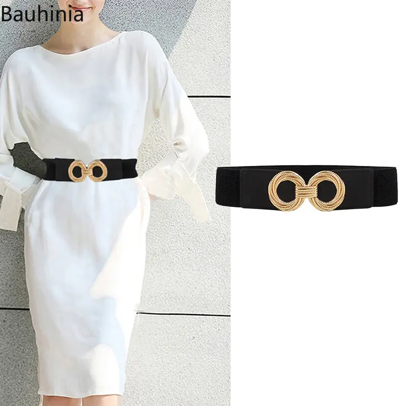 Bauhinia Double Ring Metal Buckle Wide Waist Elastic Belts Ladies Decoration Sweater Coat Clothing Accessories fashion metal bow elegant wide elastic stretch waistband rhinestone bow knot buckle ladies corset belt waist dress decoration