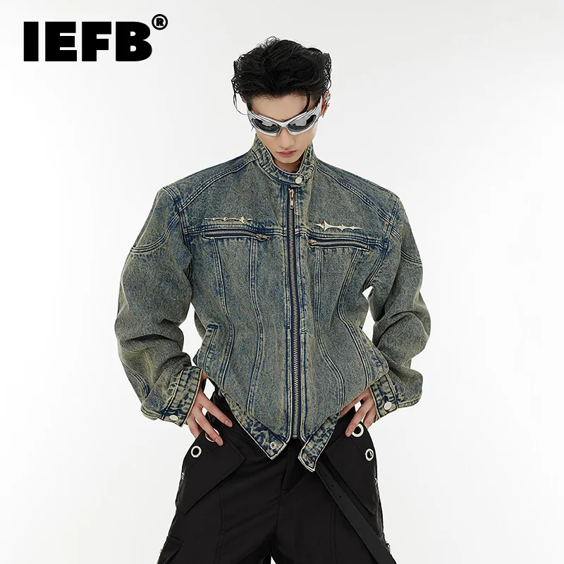 

IEFB Men's Denim Jackets Fashion Vintage Washed Shoulder Pad Short Jean Coat High Steet Collarless Personality Clothing 9C1303