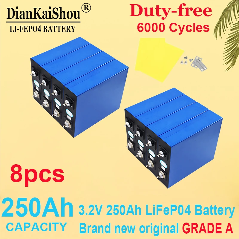 

8 pcs Original 3.2V 250Ah Lifepo4 Battery Lithium Iron Phosphate Cell 8s 24v Travel Solar RV Campers batteries Grade A Tax Free