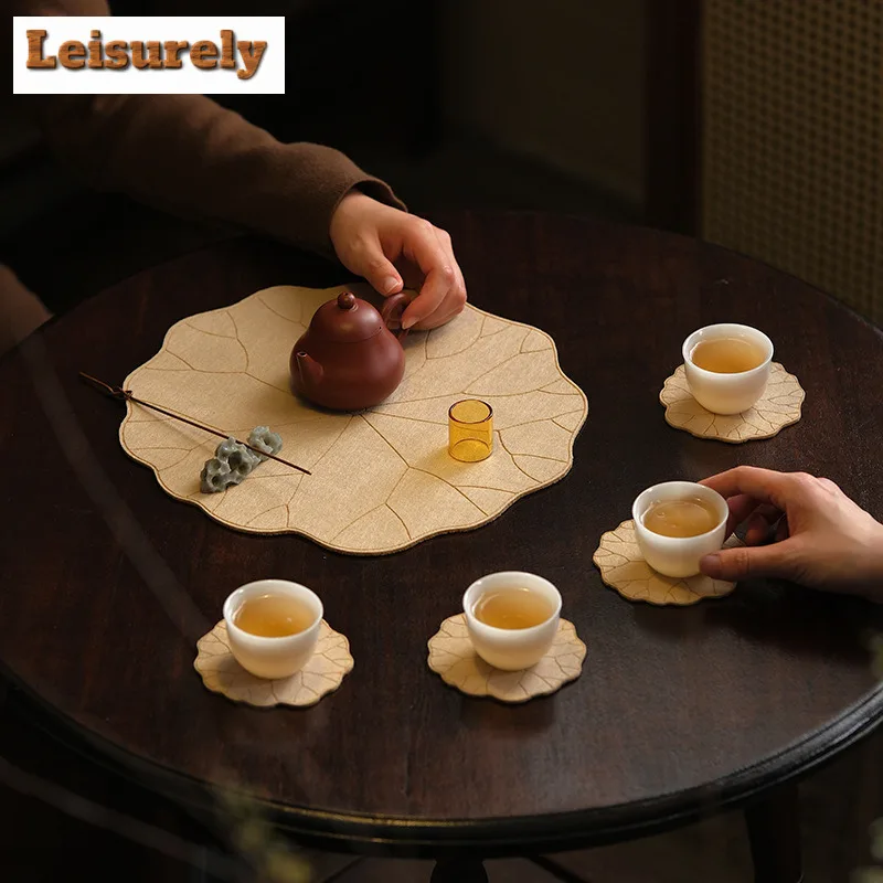 Cotton Linen Lotus Leaf Curved Tea Table Mats Elegant Drink Coaster Household Dinner Table Cloth Mat Chinese Tea Set Ornaments 