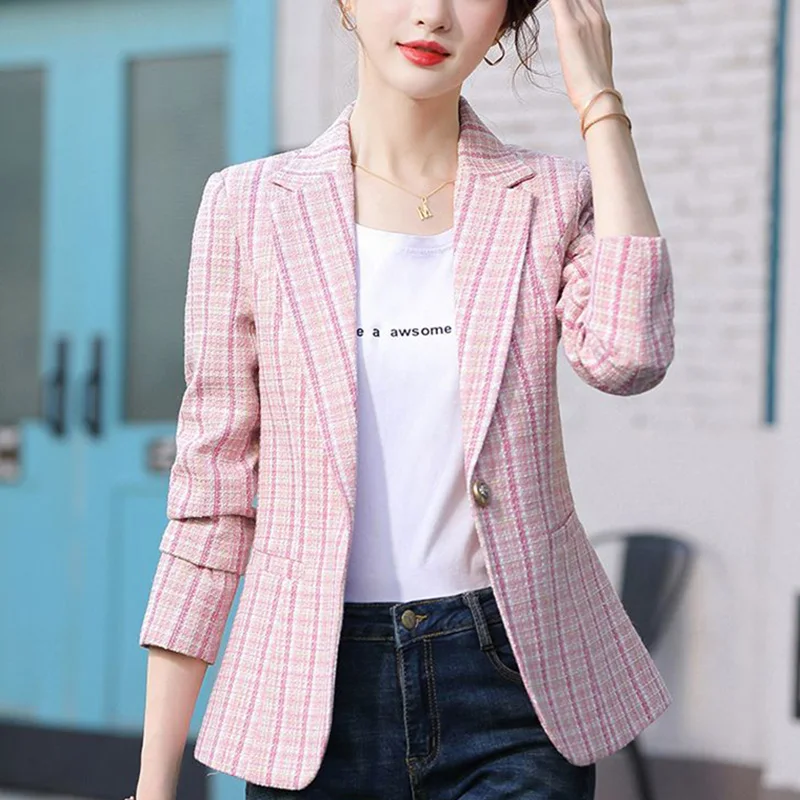 Fashion Loose Button Spliced Pockets Lattice Blazer Women's Clothing 2023 Autumn New Oversized Casual Tops Office Lady Blazers