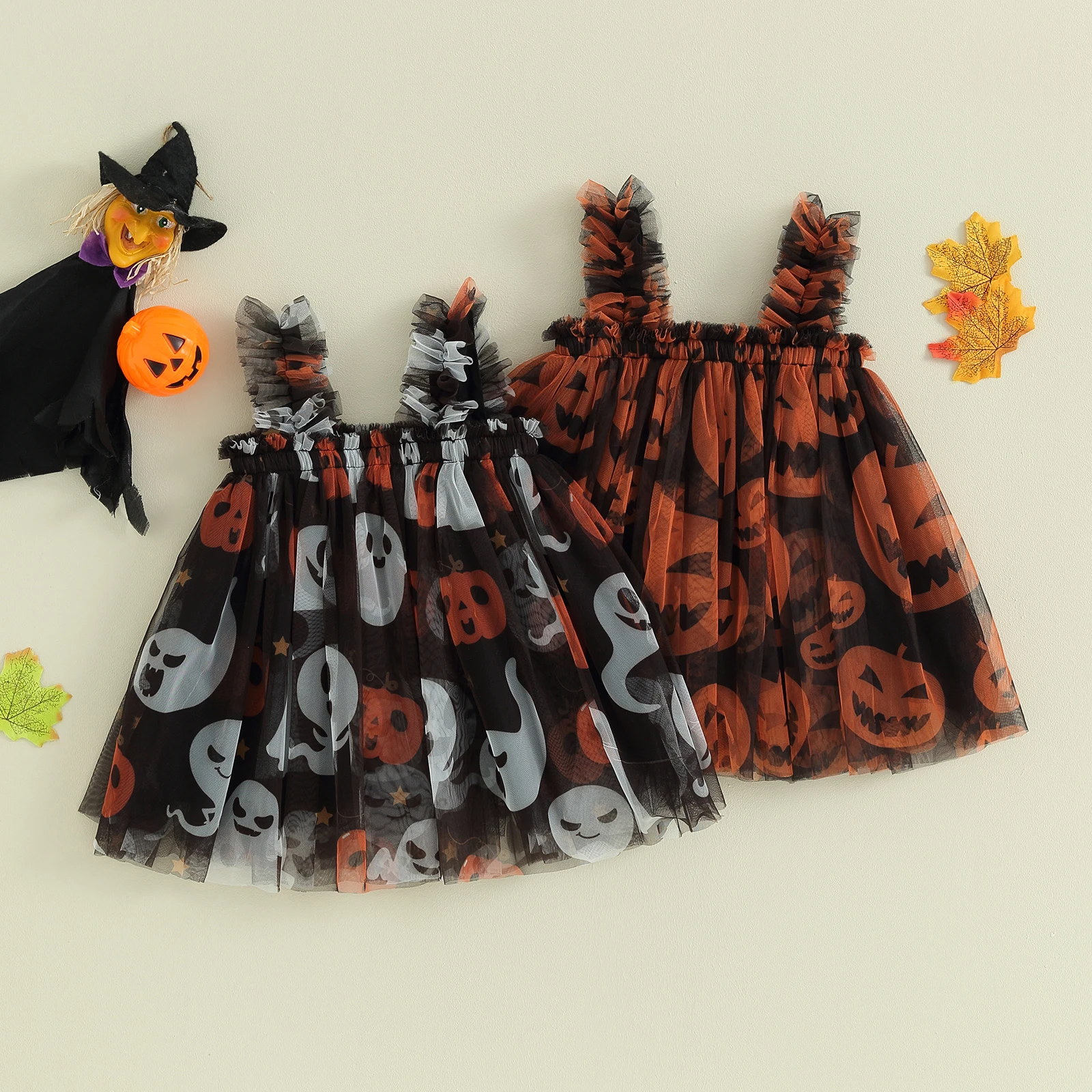 

Baby Girls Halloween A-Line Tulle Dress Sleeveless Square Neck Pumpkin Print Tutu Dress Mesh Clothes Festival Costumes