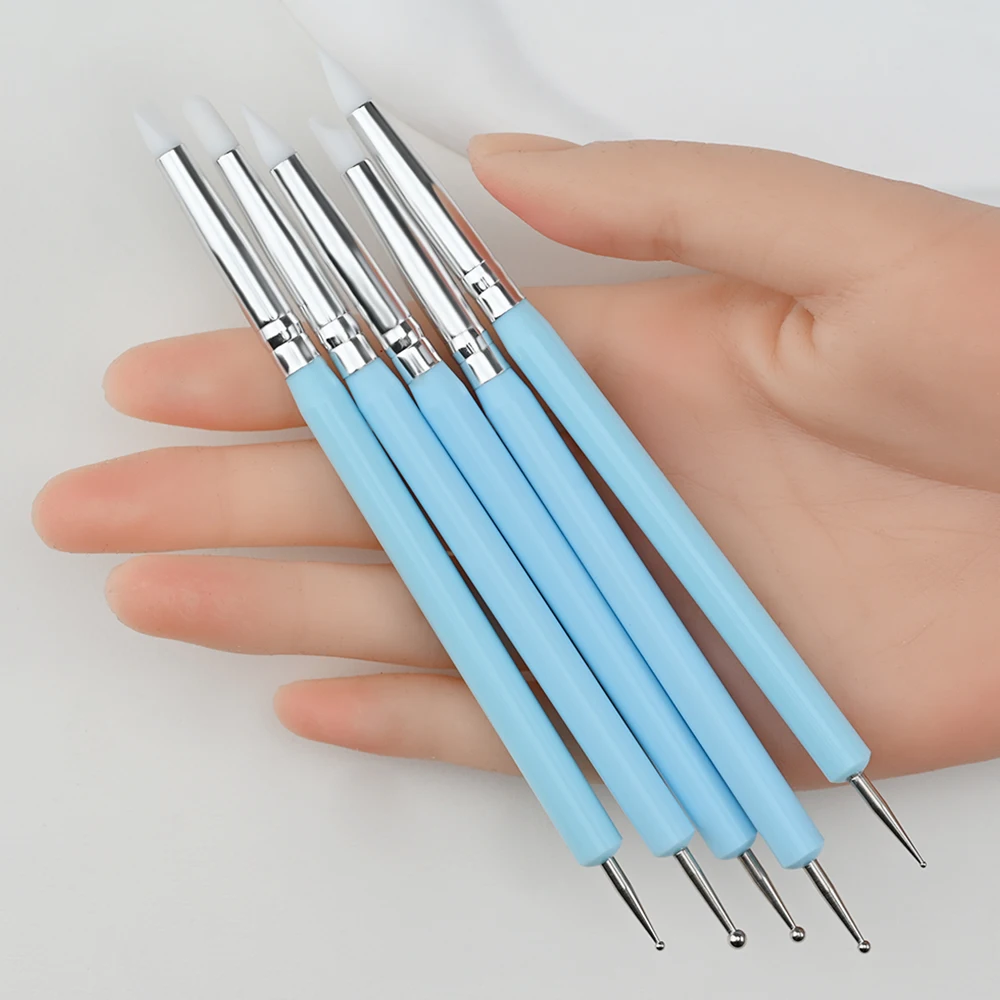 5 pcs/Set Soft Pottery Clay Nail Dotting Tools Silicone & Stainless Steel Two Head Sculpting Polymer Modelling Shaper Rhinestone 4