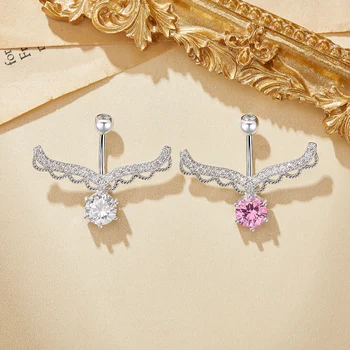 Lace Angel Wing Round CZ Stone Solid 925 Sterling Silver Belly Button Ring Belly Piercing Navel Bar Curved Barbell 6710011