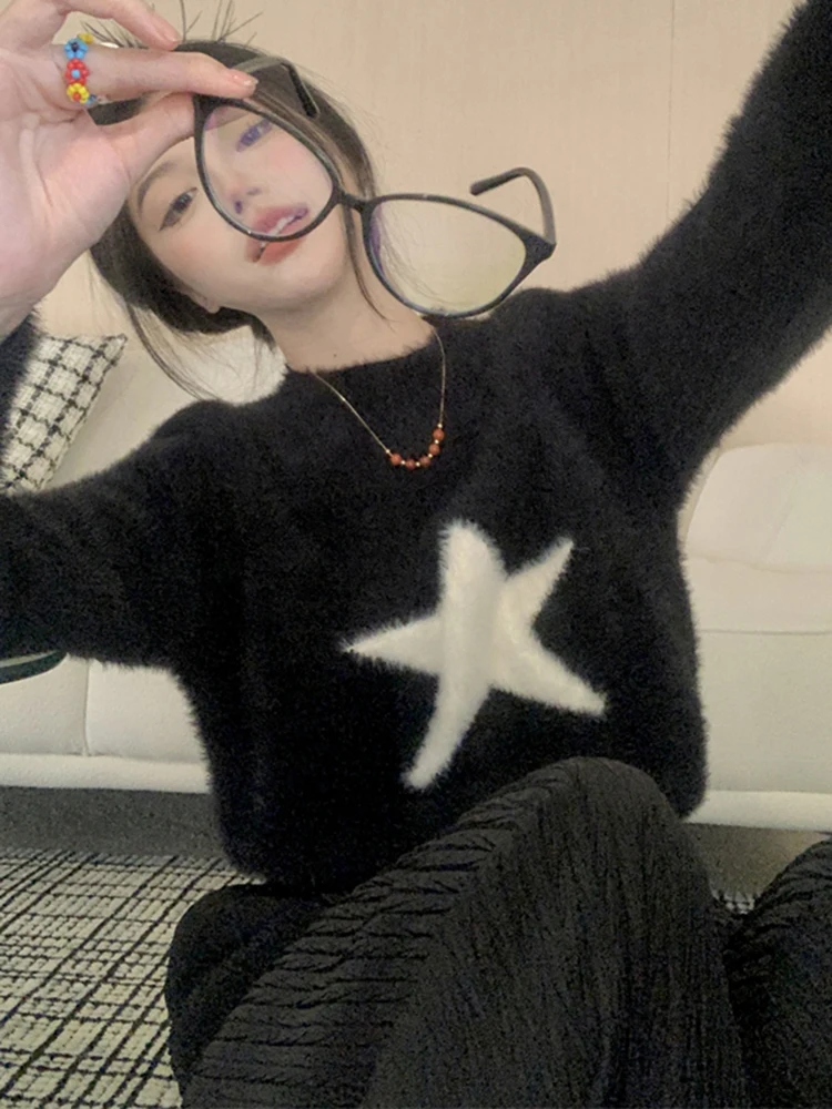 

Women Vintage Round Neck Pullover Five-pointed Star Sweater Autumn Winter 2023 New In Loose Knitted Sweaters 2000s Clothes Y2k
