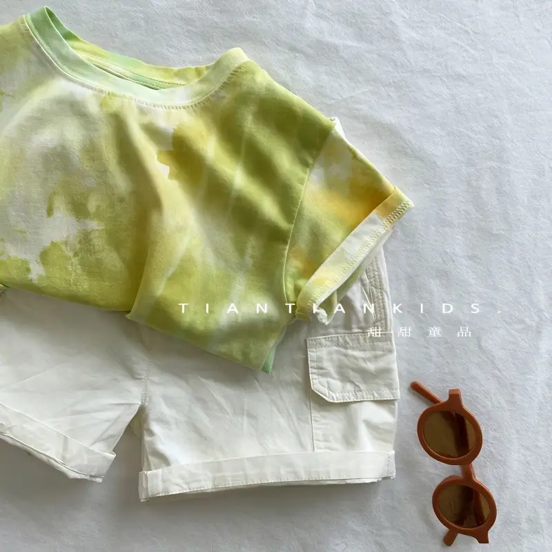 

Children T-shirt 2024 Summer New Cartoon Gradient Tie Dye Breathable Short Sleeved T-shirt Top for Boys and Girls