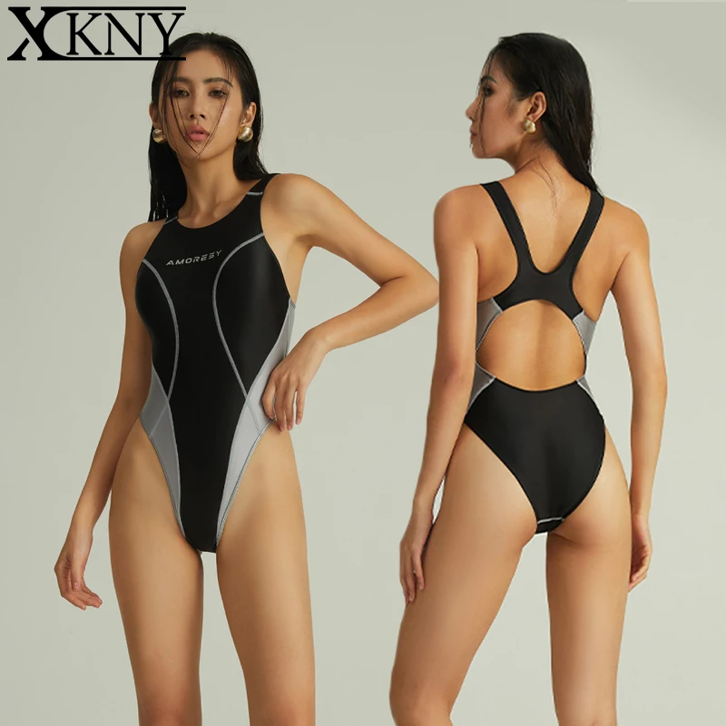 

XCKNY satin glossy swimsuit sexy collared swimsuit black swimsuit Glossy tight elastic silky one-piece swimsuit AMORESY