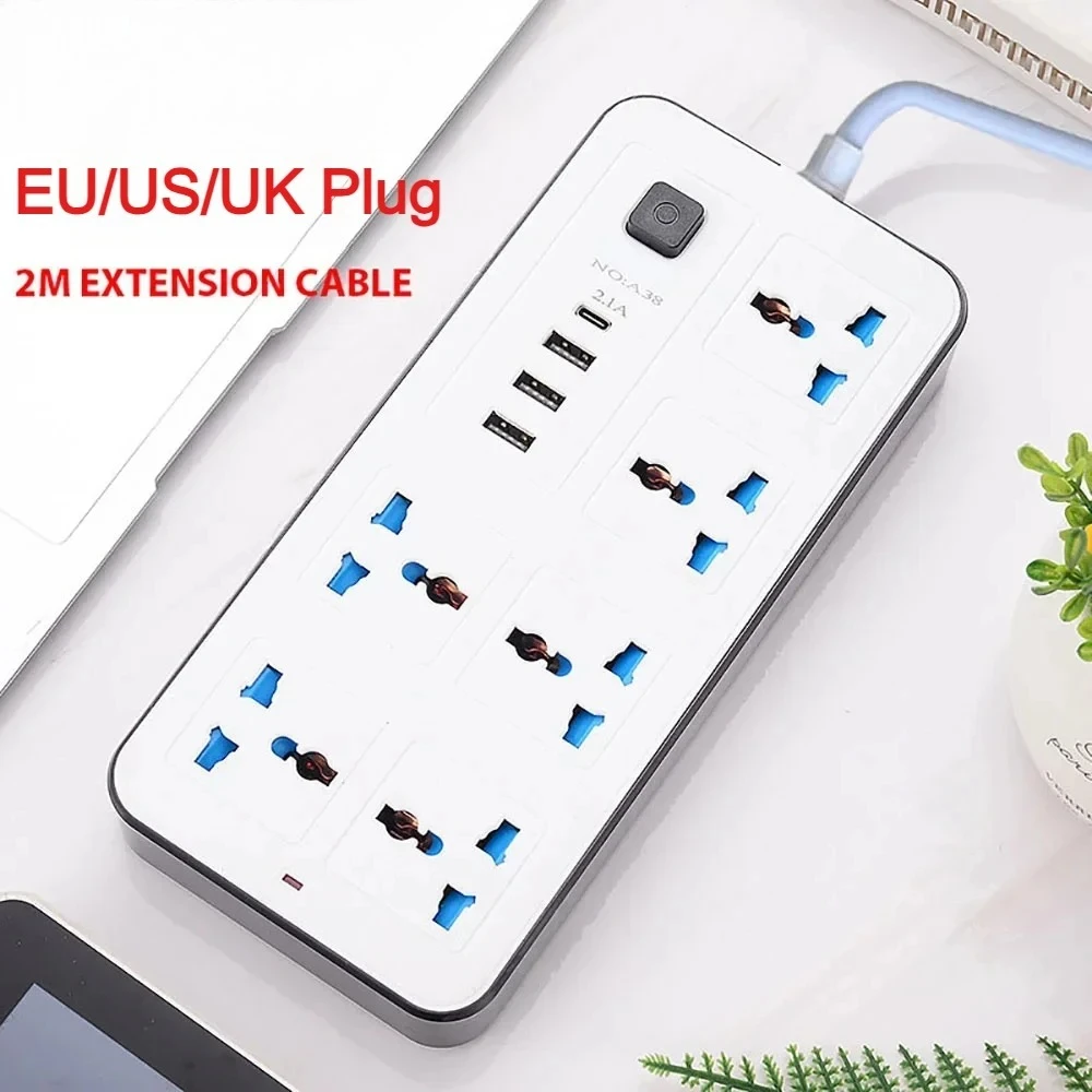 Universal Power Strip Multi USB Port Outlet Power Strip 2M Extension Cord AC Power Socket Charge Electrical Socket EU US UK Plug