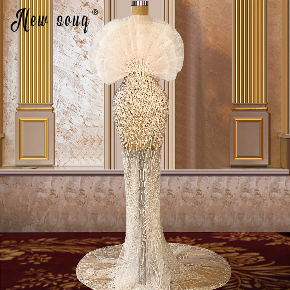 

Arabic Elegant Pearls Evening Dress Long 2022 Mermaid Prom Gowns Women White Party Night Club Robes Vestido De Novia