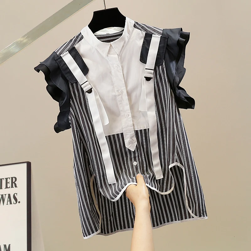 Korean New Ruffle Contrasting Color Patchwork Front Short and Back Long Sleeveless Striped Shirt Fashion Elegant Top