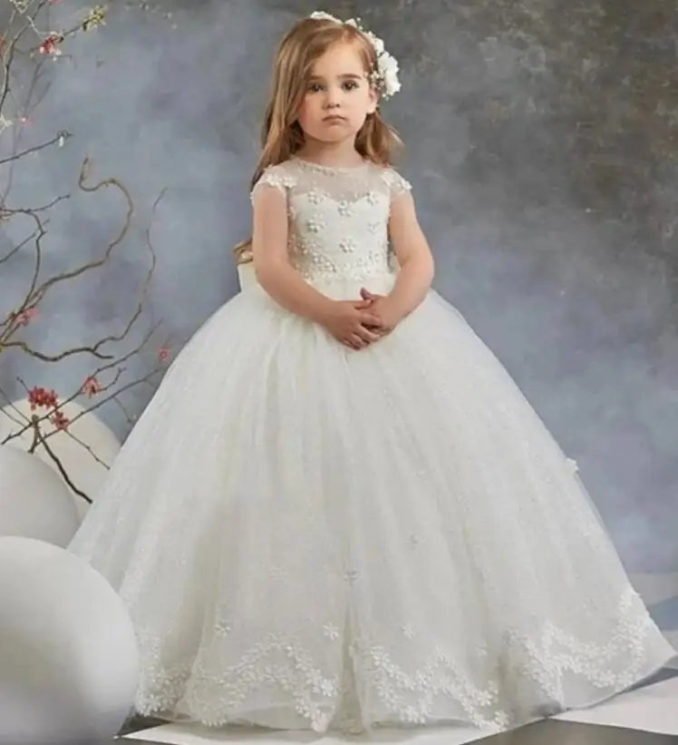 

High Quality First Communion Dresses Kids Evening Ball Gown Applique Girls Pageant Dress Satin Tulle Flower Girl Dress