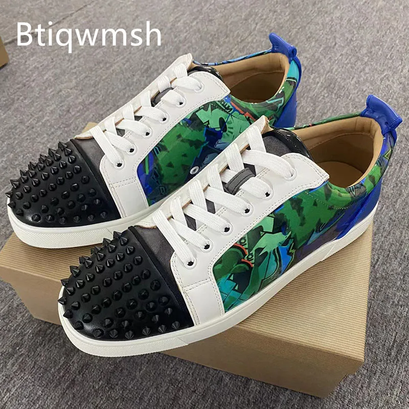 

Green Studded Sneakers Man Round Toe Rivet Mixed Color Lace Up Flats Male Luxury Walking Shoes