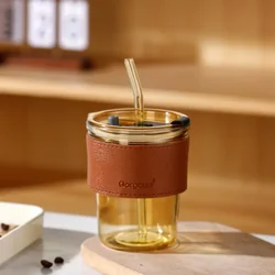 Creative 400ml Double - Mouth Glass Water Bottle with Lid and Straw (Brown)