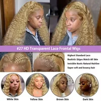 27 #   Perruque Blonde miel cheveux humains 13x6 cheveux humains bouclés dentelle frontale perruque 13x4 dentelle avant perruque de cheveux humains vague profonde perruques 200 densité 5