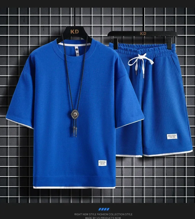 2024 new summer Waffle collar short-sleeved men's tracksuit + T-shirt shorts 2-piece solid color casual style streetwear