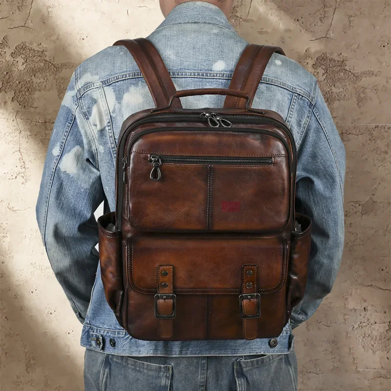 Retro Unisex Genuine Leather Handcrafted Backpack with Vintage Fading Effect
