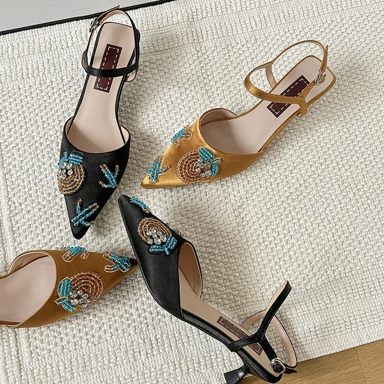 Sexy Pointed Toe Women Slingback Sandals Yellow Beading Design Summer Prom Party Pumps Ankle Strap Black Med Heels Zapatos Mujer