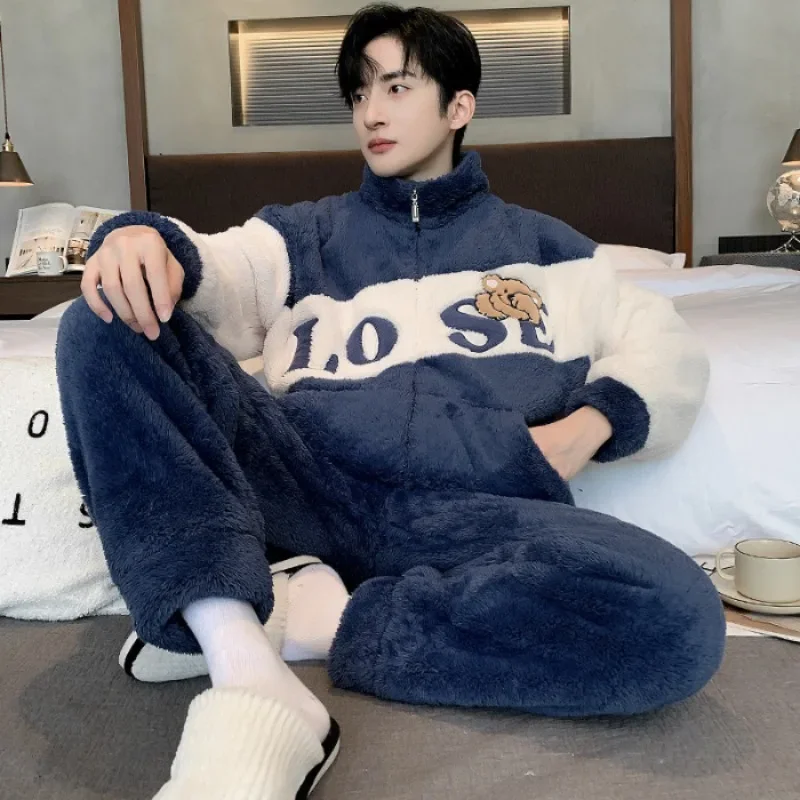 Men's Sleepwear Set Winter Zipper Coral Fleece Long Hair Home Clothes Student Cartoon Flannel Pajamas 5XL Large Size
