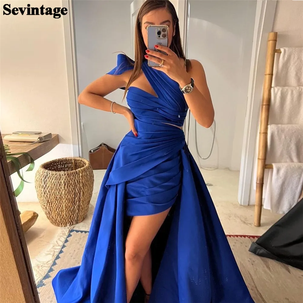 

Sevintage Royal Blue Satin Sheath Evening Dresses One Shoulder Pleated Short Prom Gowns 2023 Women Formal Special Party Dress