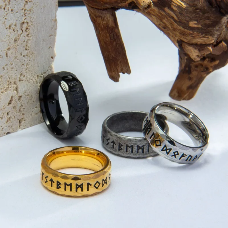 Vintage Nordic Viking Pirate Rune Stainless Steel Antique Rings Fashionable Men and Women Talismans Couple Party Jewelry Gifts 2