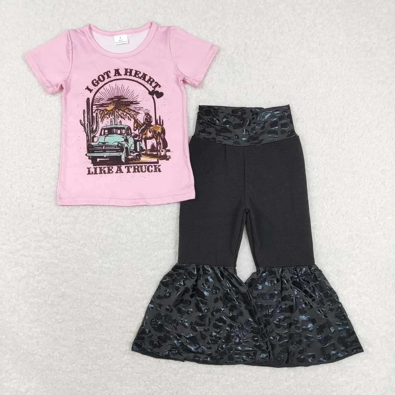 

Wholesale Children Pink Short Sleeves Truck Shirt Tops Baby Girls Set Black Bell Pants Toddler Outfit Boutique Western Clothing