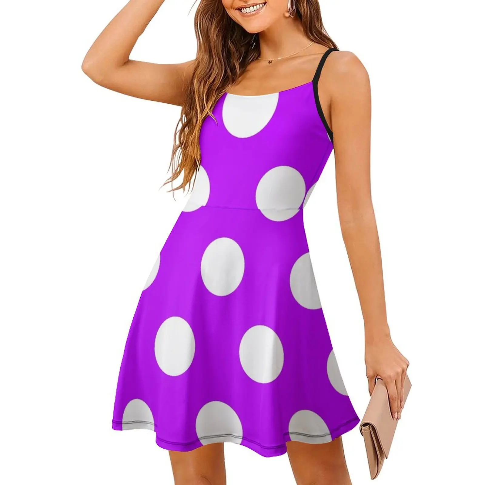 

Large WHITE and HOT PURPLE POLKA DOTS Sling Dress Woman clothes Evening dresses