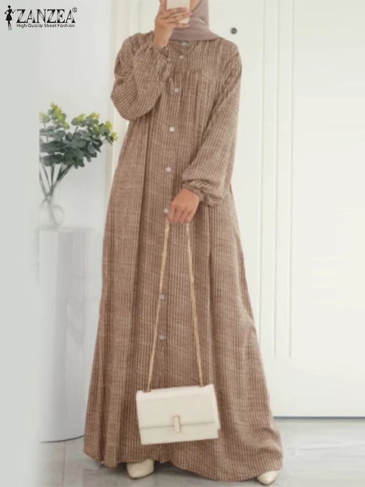 ZANZEA Autumn Sundress Women Vintage Long Sleeve Islamic Clothing Dubai Vestido Fashion Striped Muslim Abaya Dress Robe Femme