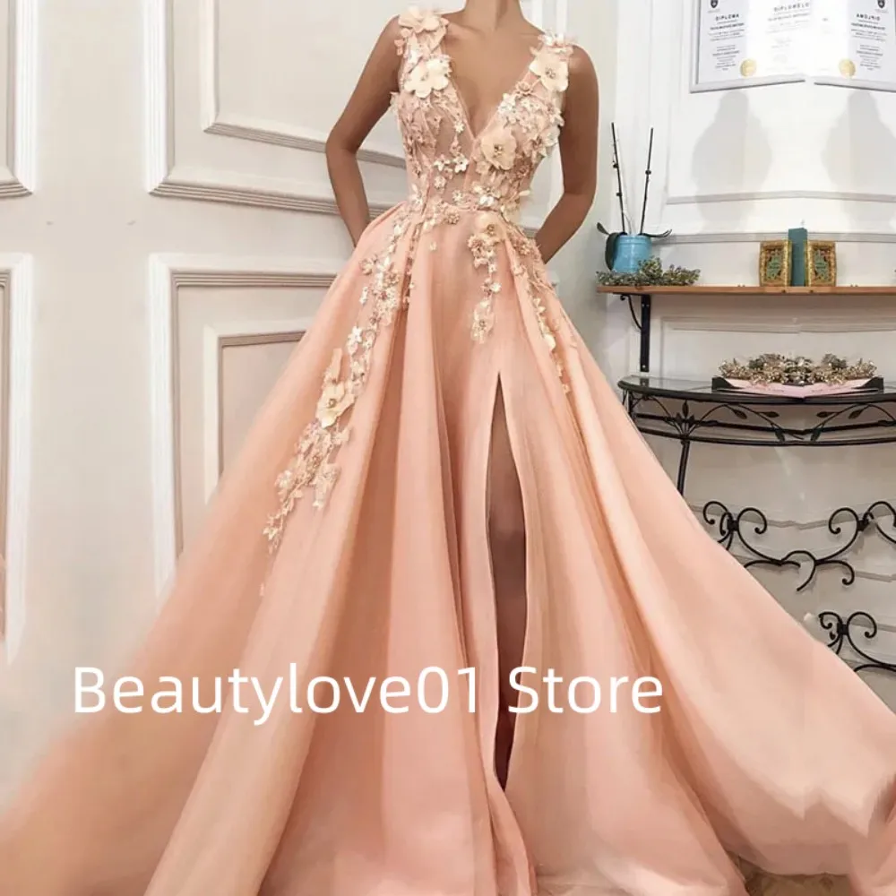 

2024 Evening Dress Pink Ball Dress Formal Elegant and Elegant Style New Customized Plus Size Zipper V-Neck Tulle Sticker Phantom