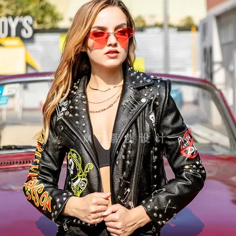 Punk Rivets Motorcycle Jacket Women 2024 Trend Fashion Contrast Color Print Cropped Faux Leather Jackets Black Streetwear