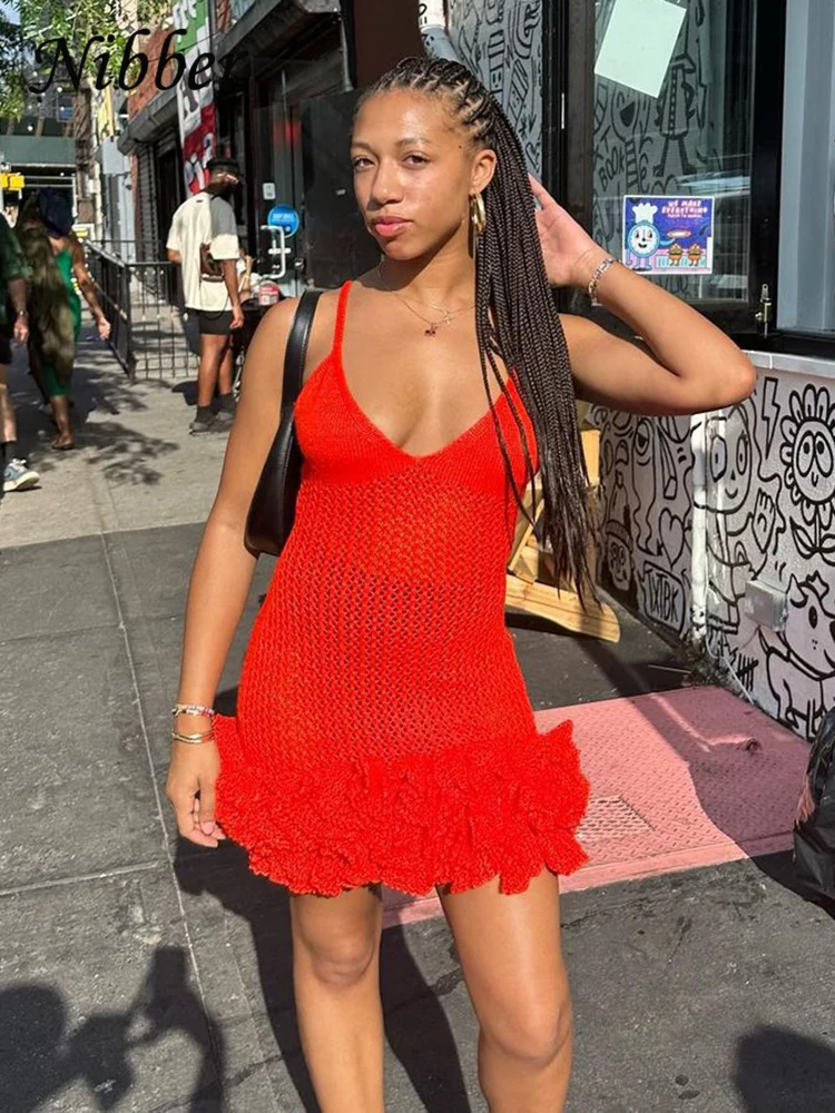 Nibber Knitted Tierred Mini Dress Women Solid See Through Strap Deep V-neck Bodycon Female Midnight Classic Clubwear Clothing