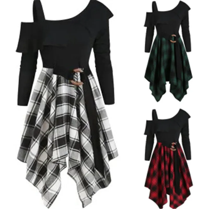 

Women Off The Shoulder Tee And Lace Up Plaid Crisscross Suspender Dress Set Button High Waist 2 Sets Swing Dress Party Vestidos