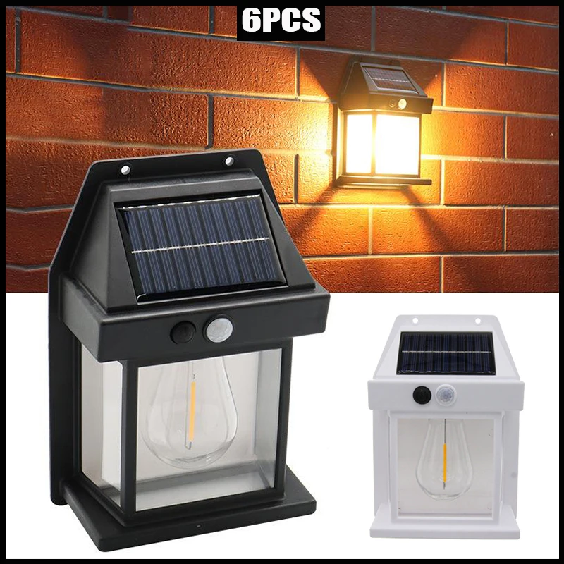 

6PCS Solar Tungsten Filament Lamp Outdoor Waterproof Intelligent Induction Wall Lamp Courtyard Garden Villa Lighting Night Light