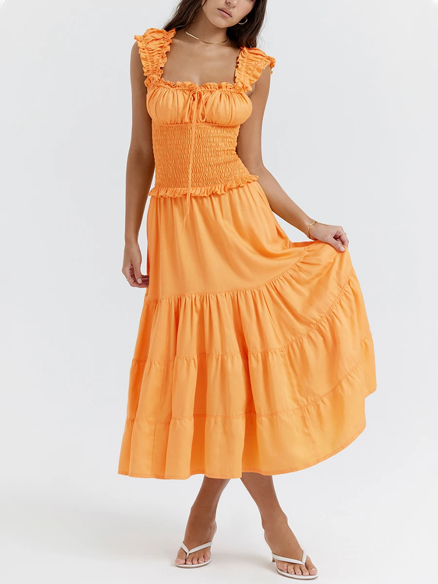 

Женское платье-комбинация без рукавов, Летнее Длинное плиссированное платье с квадратным вырезом, размеры S, M, L