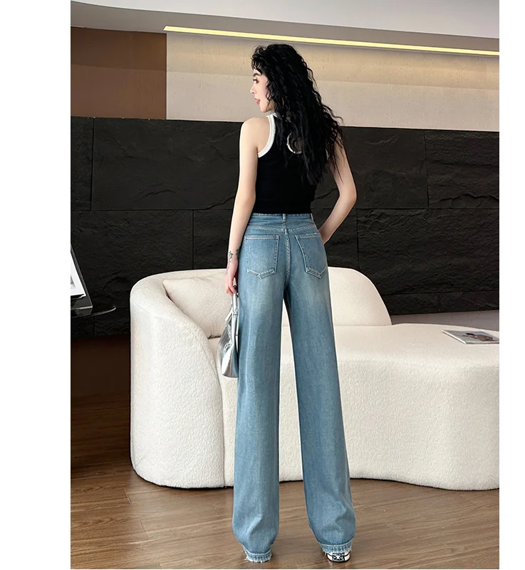 2023 Spring/Summer Thin Cut Hole Wide Leg Jeans, Small Stand, High Waist, Slim, Versatile, Straight Leg Floor Sweeper Pants