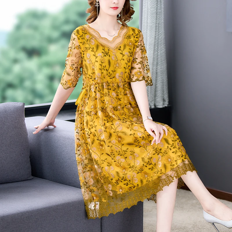 Embroidery Silk Dress Summer Dress Women Silk Embroidery Dress