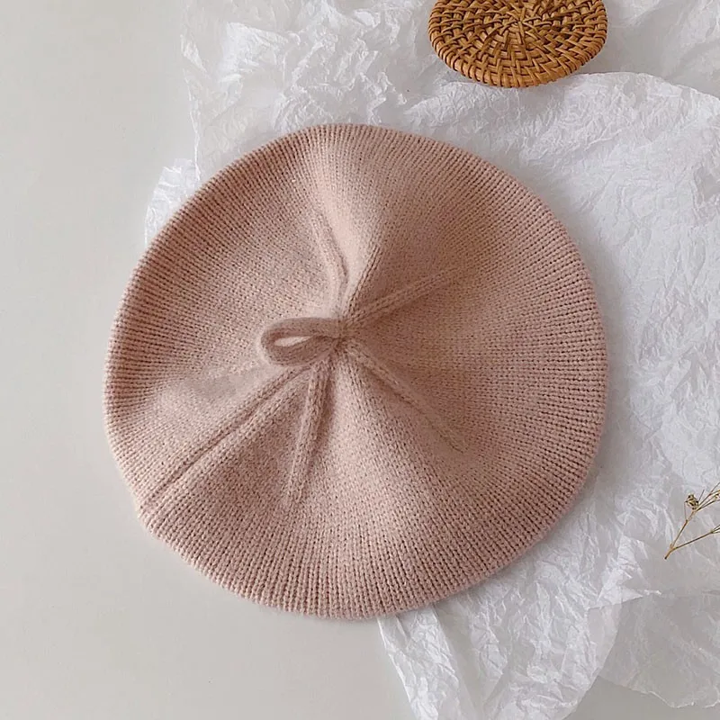 CASQUETTE,beige--Béret Tricoté Vintage Pour Filles, Chapeau De Bébé, Couleur Unie, Chaud, Pour