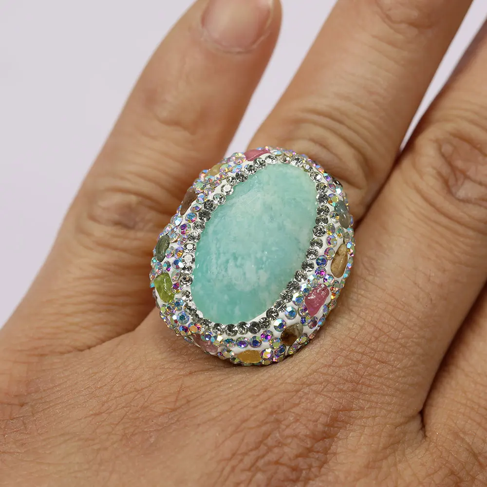 

GG Jewelry Natural Blue Amazonite Gems Rings Tourmaline Pave Colorful CZ Adjustable Finger Rings Lady Gifts