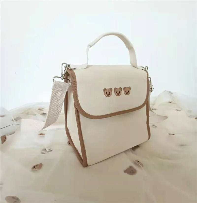 Personalized Embroidery Bear Multi functional Insulation Cold Mom Bag Portable Canvas Outgoing Mom Bag Fashion