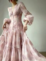 فستان IEQJ فرنسي أنيق بطباعة الزهور للنساء بياقة على شكل v بأكمام طويلة وخصر مرتفع بتصميم متأرجح للأميرة 3WQ6777 1