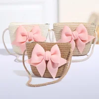 Summer Children Girl Straw Bag Kid Cute Pink Bow Handmade Woven Messenger Bags Storage Basket Crossbody Handbag Photo Props Gift 2
