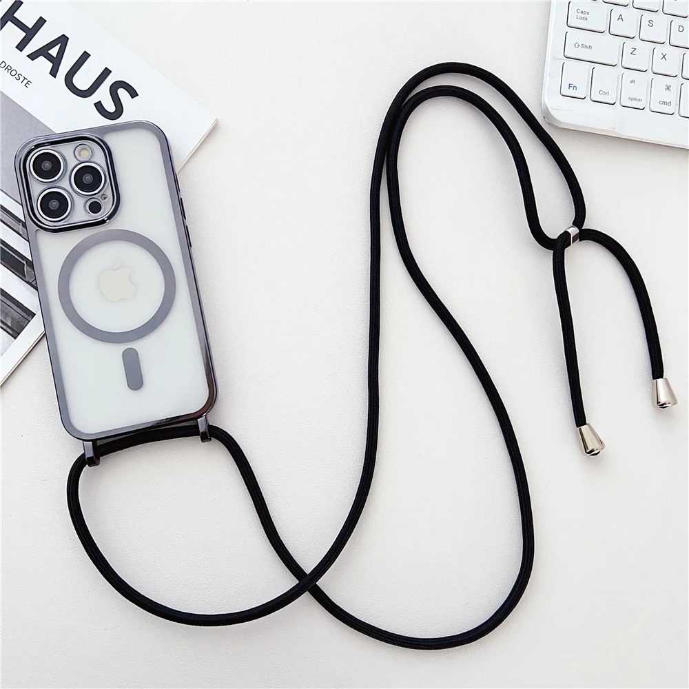 thumbnail image 1 of Luxury Crossboby Necklace Cord Rope Lanyard Plating Magnetic Clear Case For iPhone 14 11 12 13 15 Pro Max For Magsafe Soft Cover, 1 of 4