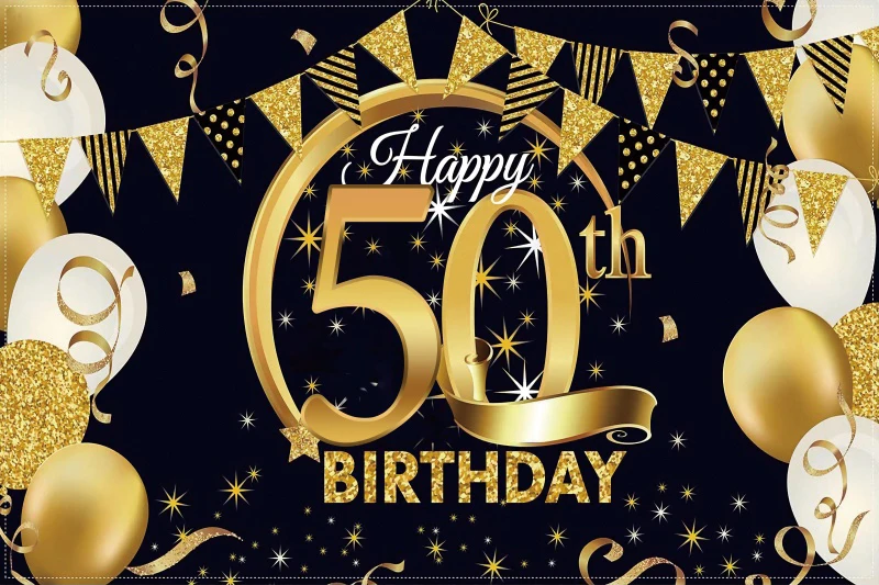 Fotohintergrund 50. Hochzeitstag – 2,1x1,5 M, Schwarz/gold Mit Glitzer & Ballons